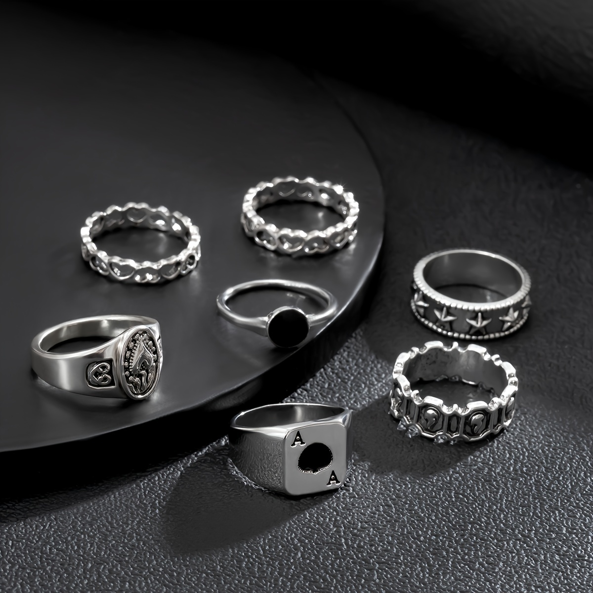7 Piece Men Retro Hollow Love Element Charm Ring Set