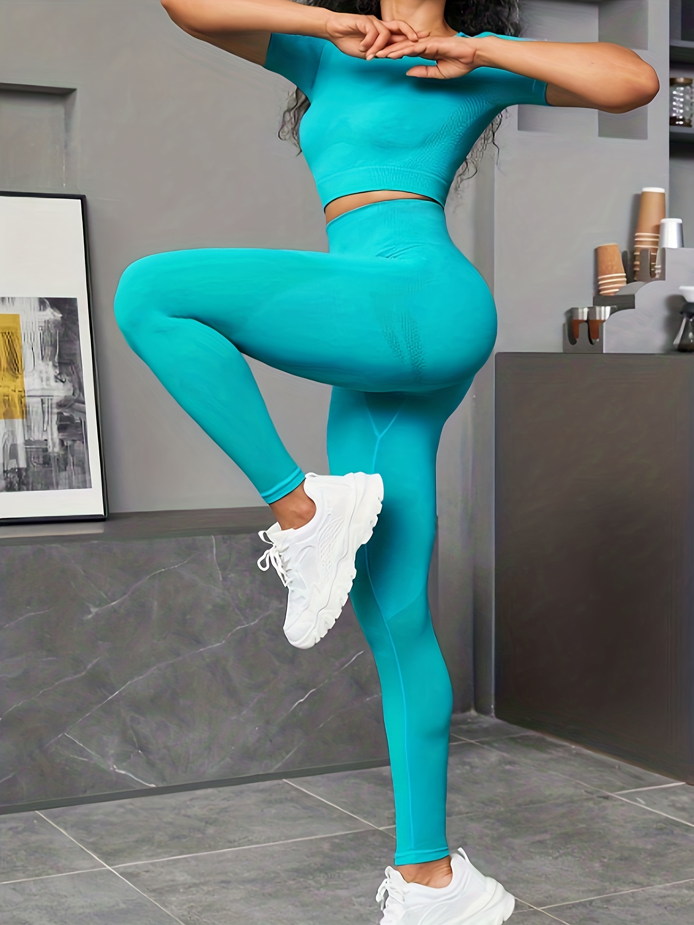 2Pcs Women's Sport Gym Yoga Vest Bra Sports Legging Pants Blue Outfit Wear  Set 