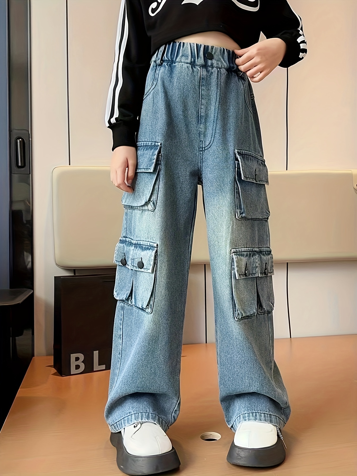 2023 New Spring Girls Cargo Pants Fashion Trend Kids Clothes Girls Loose  Trousers Solid Streetwear Pants Children Pocket Pants