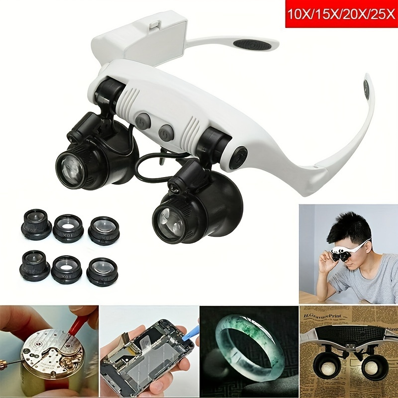 Head Mounted Magnifier With Led Light, Jewelers Loupe Magnifying Glasses  With 8 Interchangeable Lens: 10x/15x/ 20x/25x For Close Work/electronics/eyel