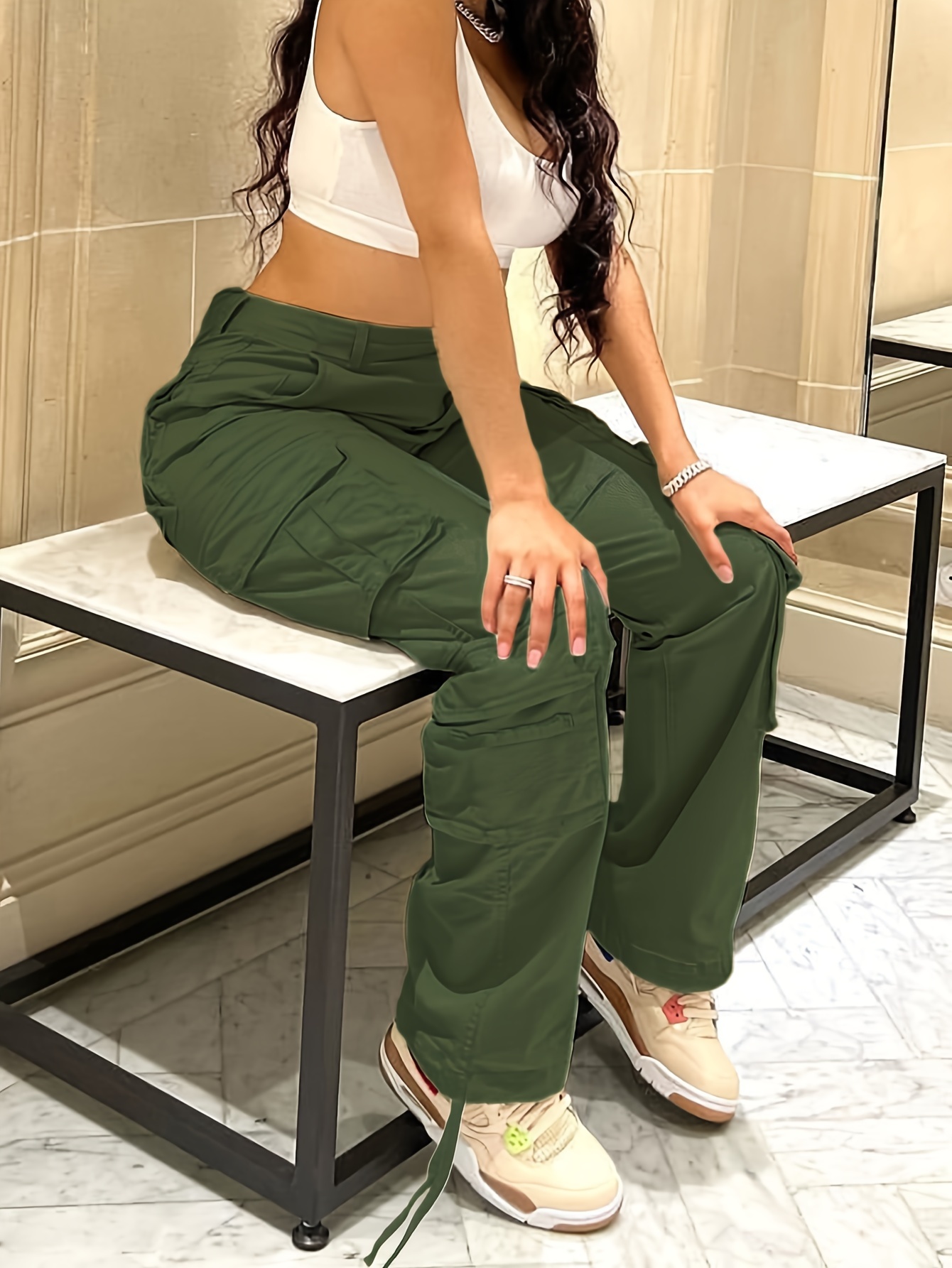 Solid High Waist Flap Pocket Cargo Trousers  High waist fashion, Green  pants outfit, Pants for women