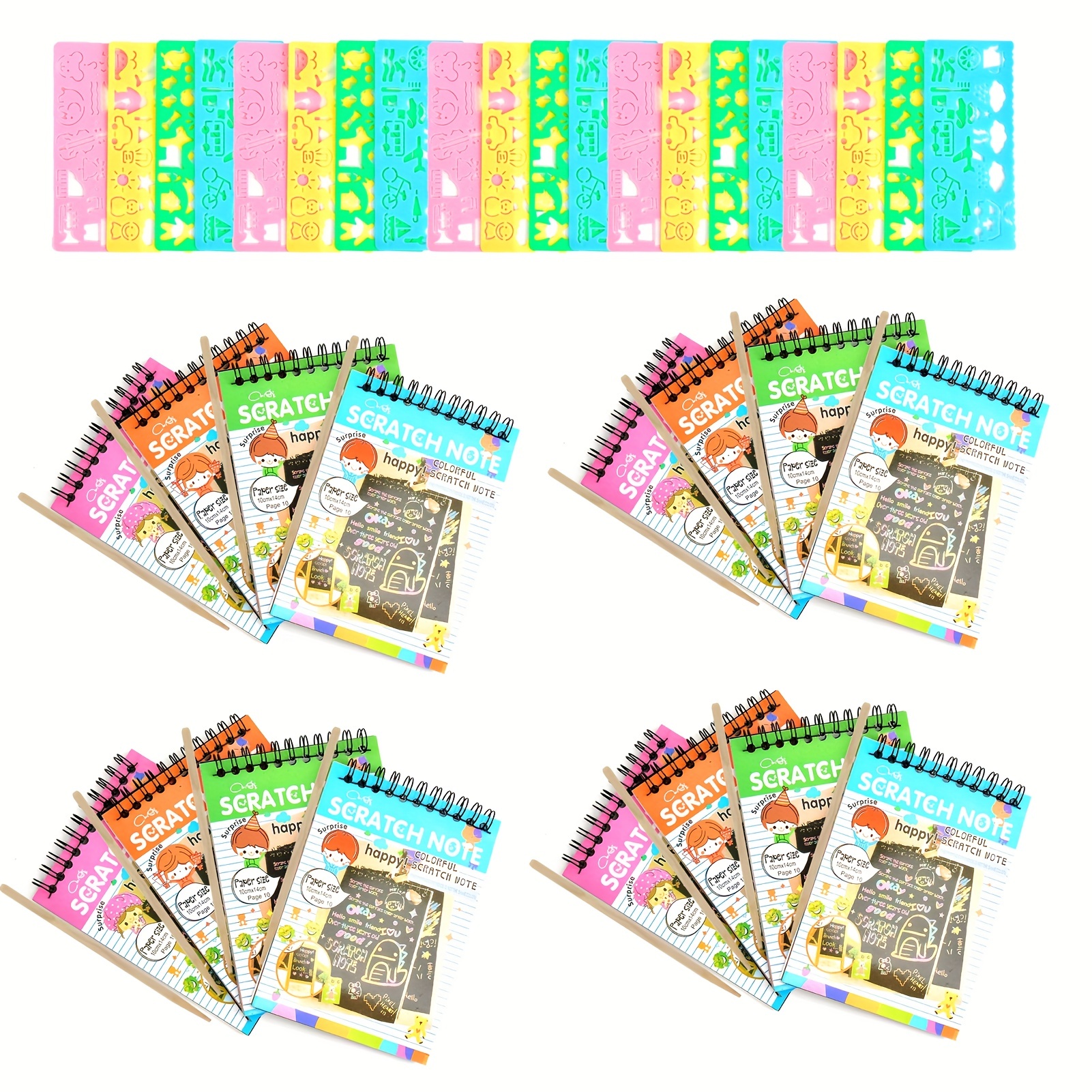 16 Pack Scratch Arts and Crafts Notebooks Scratch Note Pads for Kids  Includeing 4 Drawing Stencils and 16 Wooden Stylus Scratch Paper for Kids Art  Party Supplies Stocking Stuffers