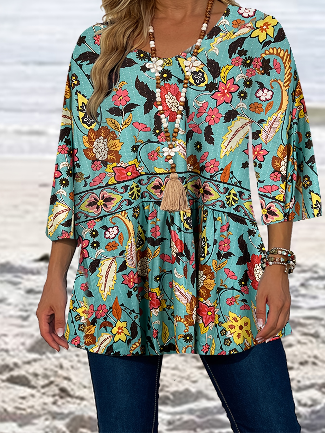 plus size boho shirt women's plus floral Temu