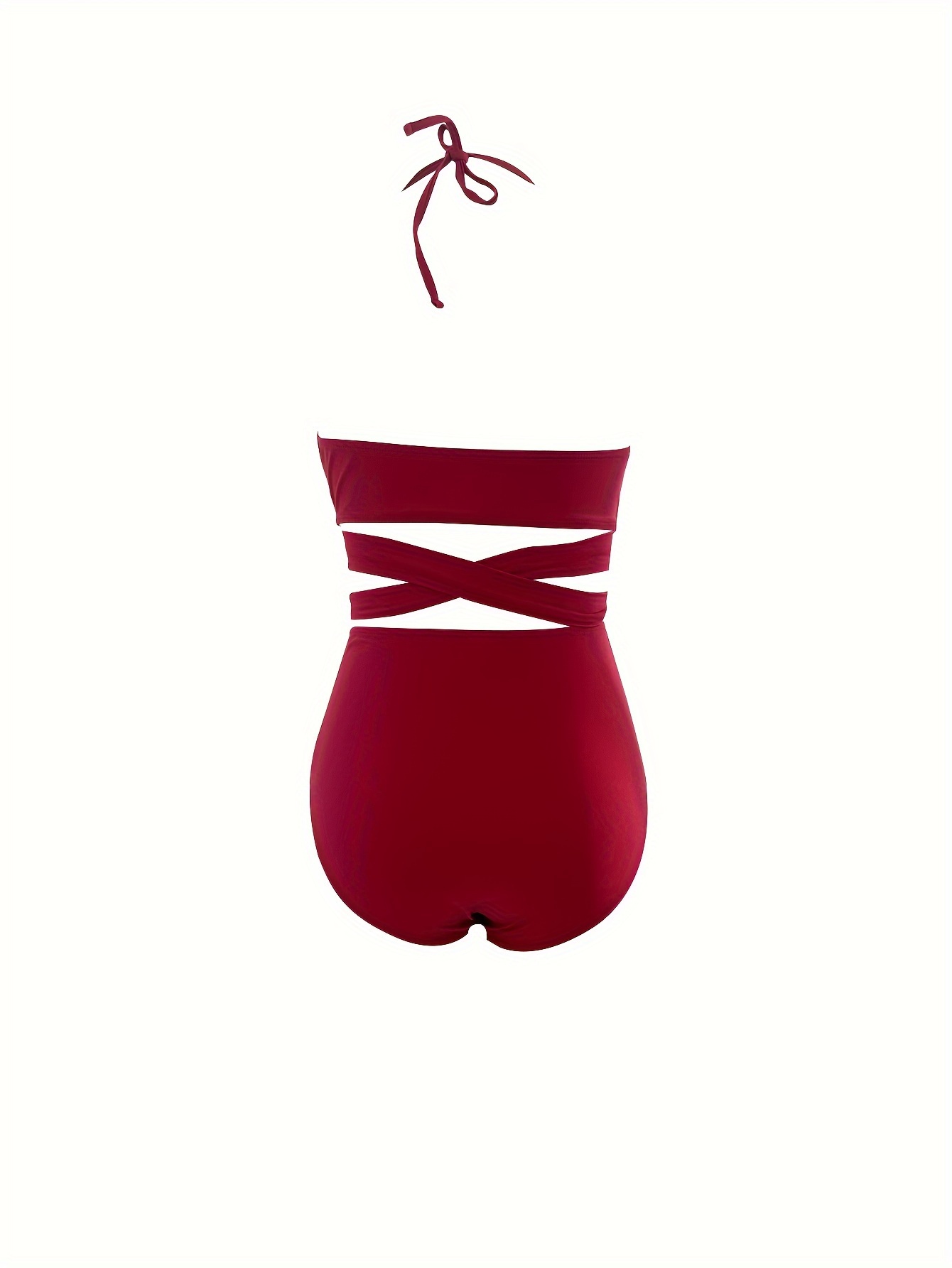 Plain Burgundy Red Criss Cross Bikini, Tie Back V Neck High Waist