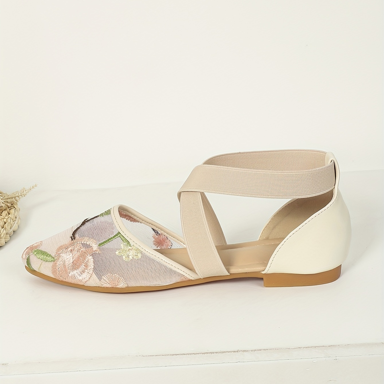Floral Embroidered Lace Flat Sandals Cross Strap Slip On Shoes