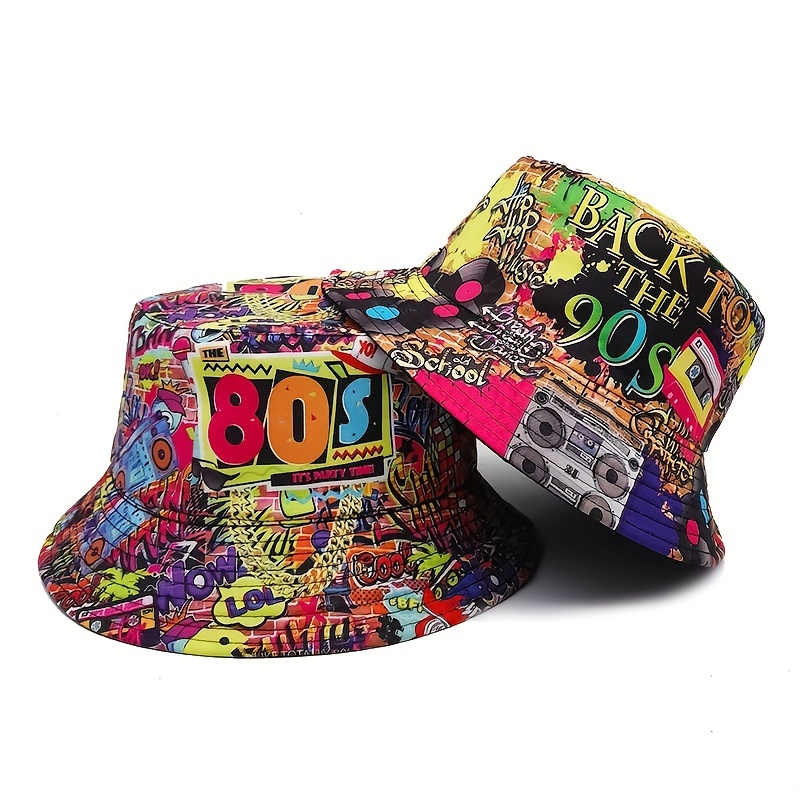 

Vintage 80s 90s Print Bucket Hat Reversible Hip Hop Graffiti Basin Hats Lightweight Casual Fisherman Cap For Women & Men