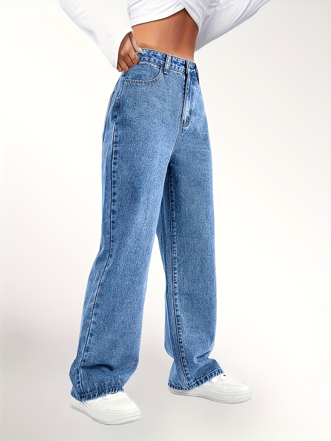 Plain Loose Fit Straight Jeans, Non-Stretch Slant Pockets Casual Denim  Pants, Women's Denim Jeans & Clothing