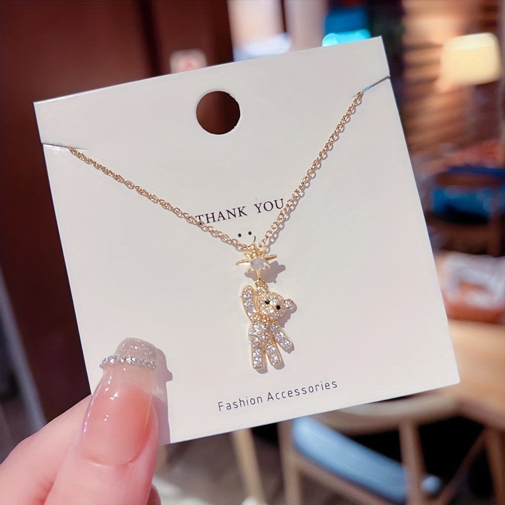 Fashion Exquisite Bear Necklace Shiny Cubic Zirconia Cute Cartoon Bear  Pendant Necklace Valentine's Day Gift Jewelry