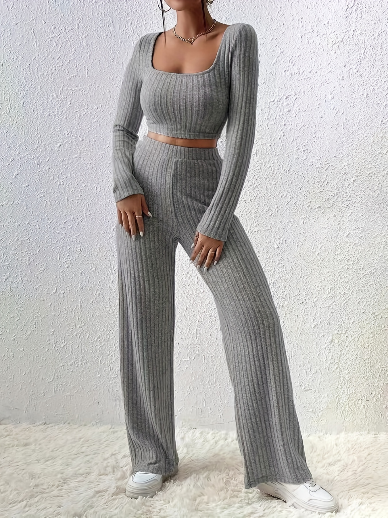 Solid Ribbed Two piece Set Casual Mock Neck T shirt Wide Leg - Temu