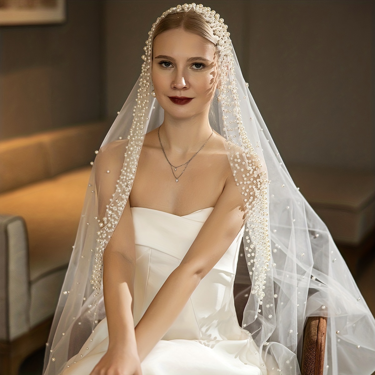 1pc Faux Pearl Bridal Wedding Veil with Ribbon Edge Baroque Style Princess Cathedral Wedding Veil,Temu