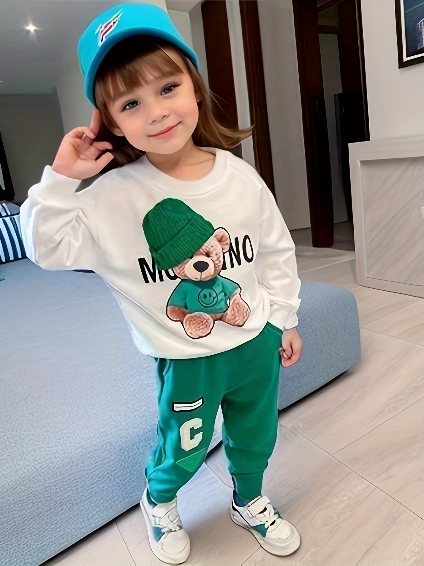 Toddler Girl's Street Style 3pcs, Sweatshirt & Beanie & Sweatpants Set,  Cartoon Bear Print Long Sleeve Top, Casual Outfits, Kids Clothes For Spring 