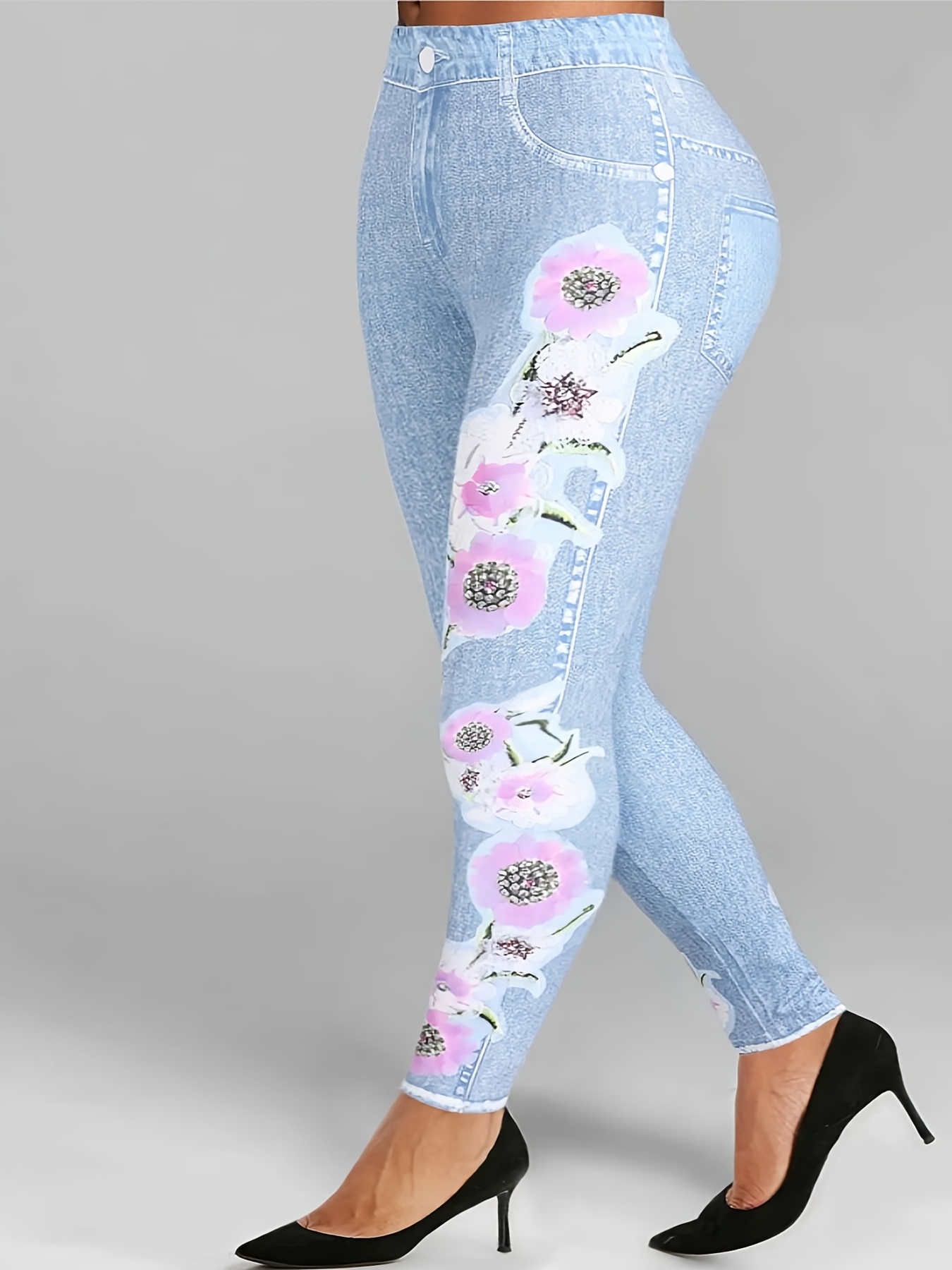 Women's Leggings Faux Denim Floral Printed Yoga Pants Casual - Temu