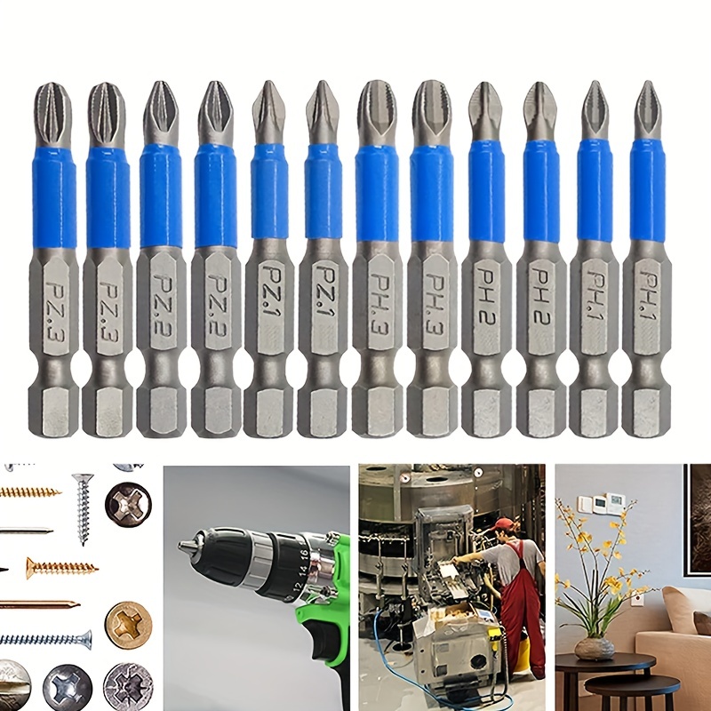 

12pcs Magnetic Anti Slip Screwdriver, Phillips Bit Set, (ph1 Pz1 Ph2 Pz2 Ph3 Pz3), 50mm Length Cross Head With Teeth, 1/4" Hex Shank Single Head Drill Bits, For Electric Screwdriver Drill