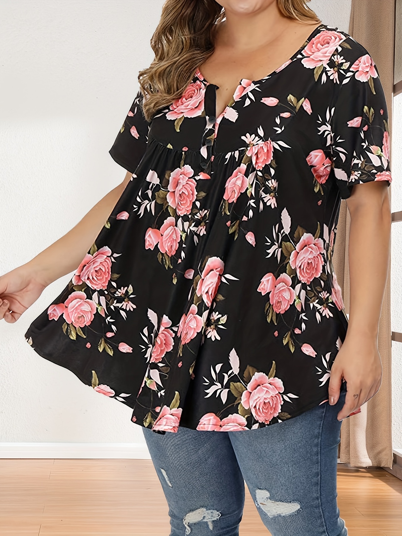 CARCOS Plus Size Floral Tops for Women 5X Ladies Henley Shirts Buttons up  Summer Tees Black Short Sleeve Tunics Casual Blouses 5XL 26W 28W: Buy  Online at Best Price in UAE 