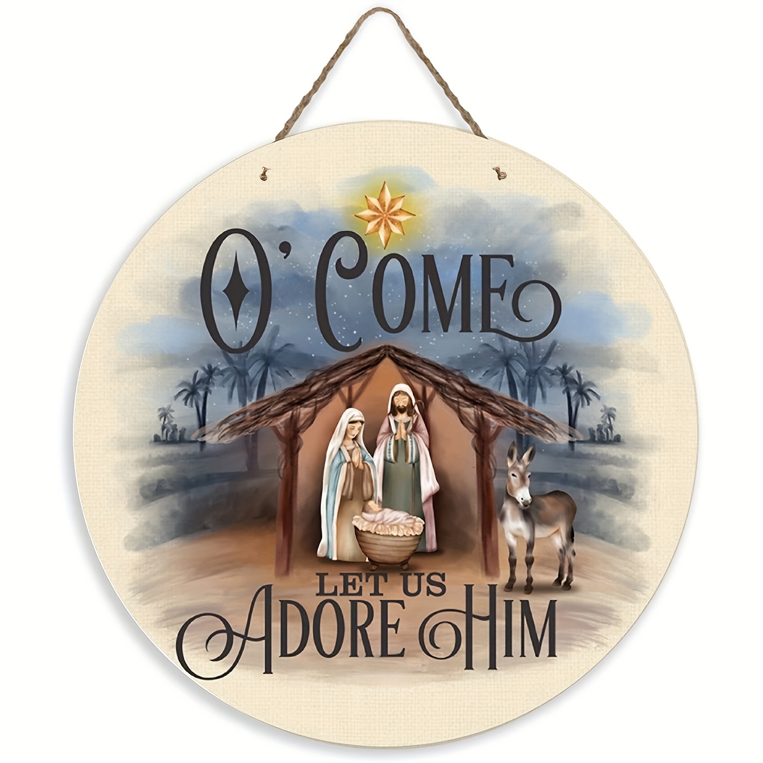 1pc Hanging Wooden Sign Come Let Us Adore Him Circle Wood Sign Nativity Scene Christmas Wooden Sign Christmas Wood Hanging Sign Wall Art Home Decoration (8''x8''/20cm*20cm)