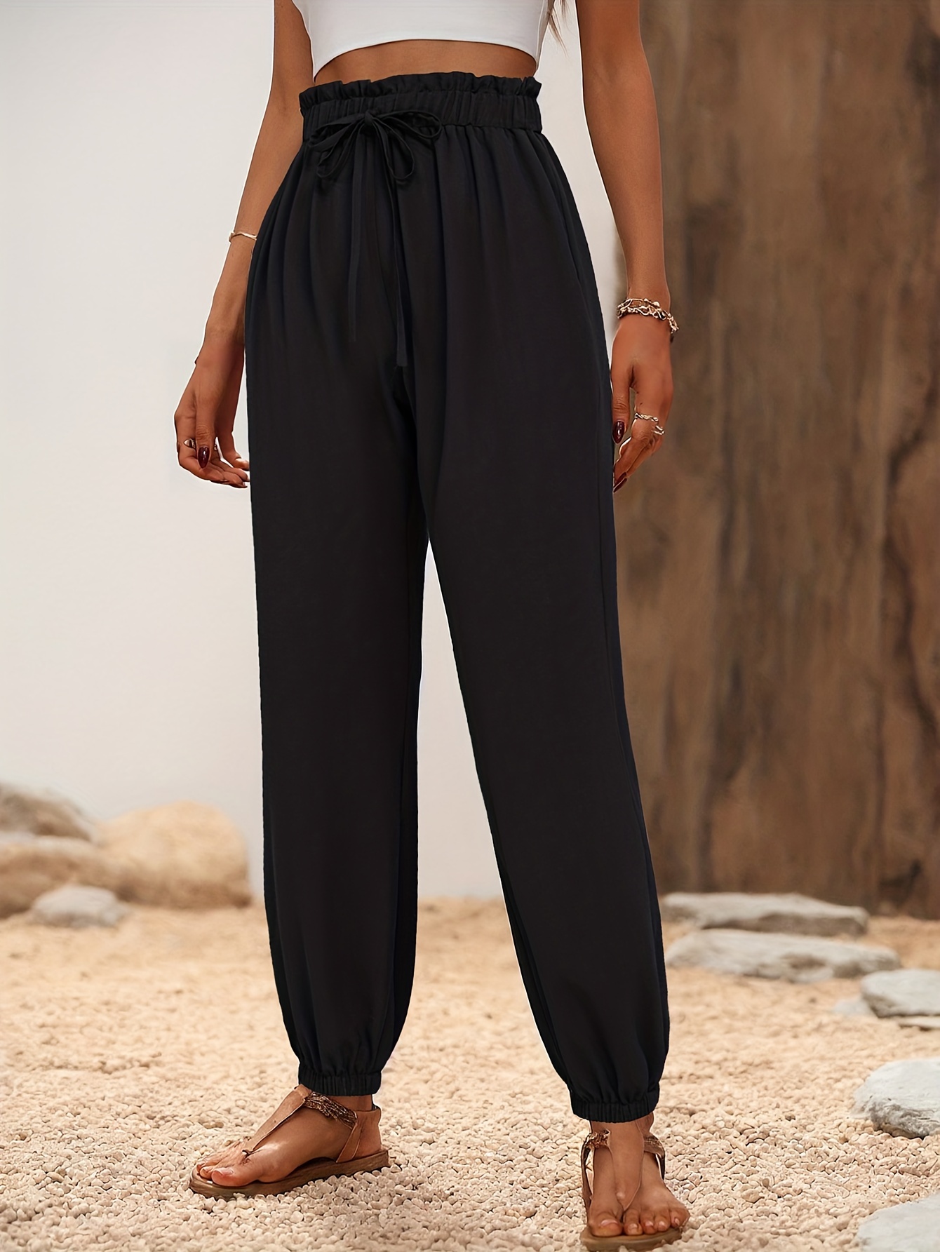 Paper Bag Waist Solid Pants Casual Long Length Pants Women's - Temu Canada