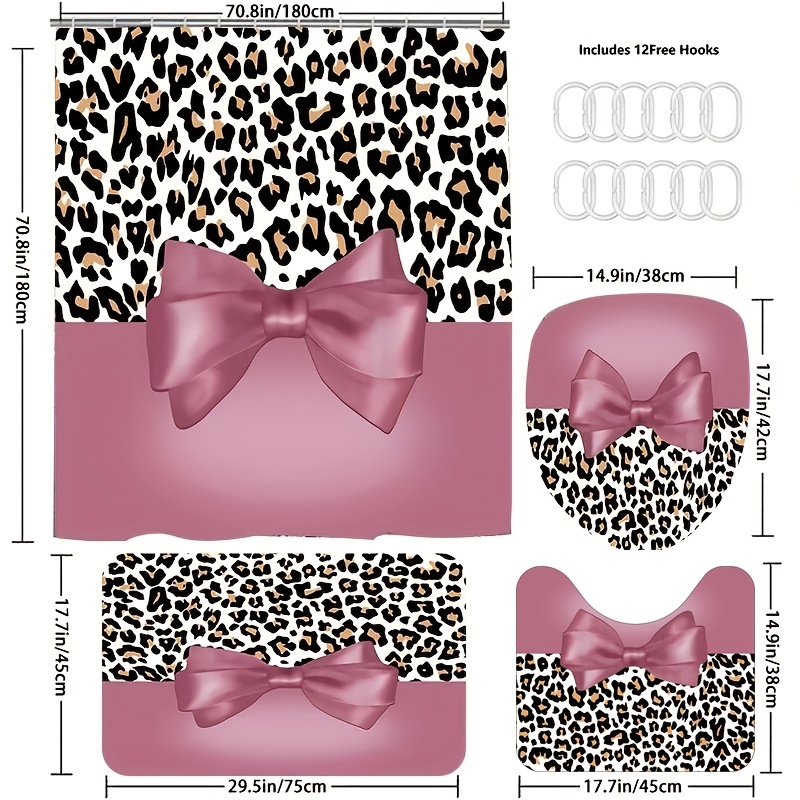 Leopard Bow Shower Curtain Set with Non Slip Bathroom Rug