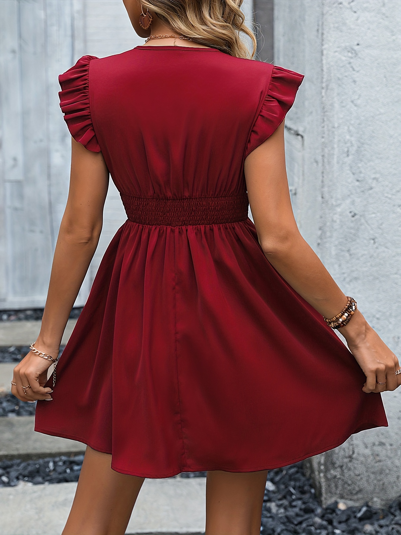 Off The Shoulder Ruffle Hem Shirred Waist Dress  Red dress casual, Cute red  dresses, Short red dress casual