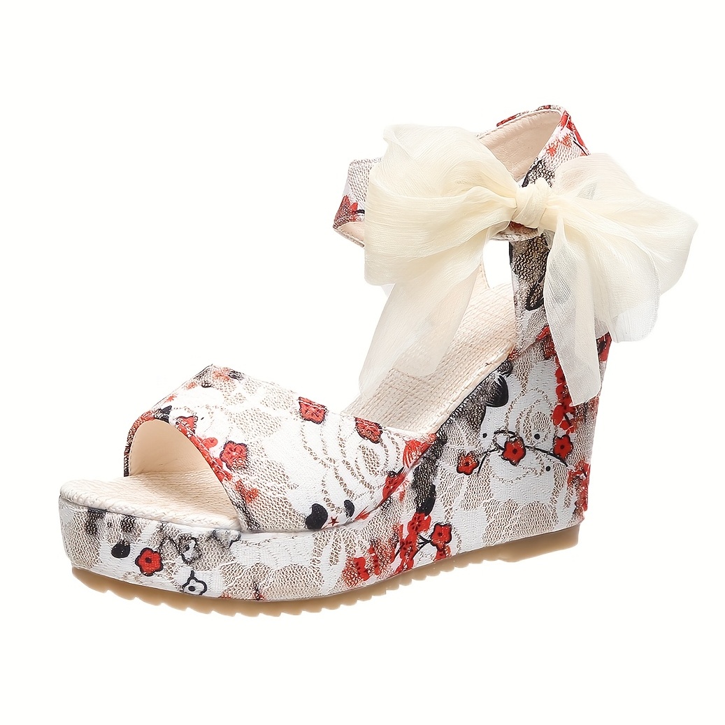 Women's Bowknot Wedge Sandals Floral Print Peep Toe Ankle - Temu