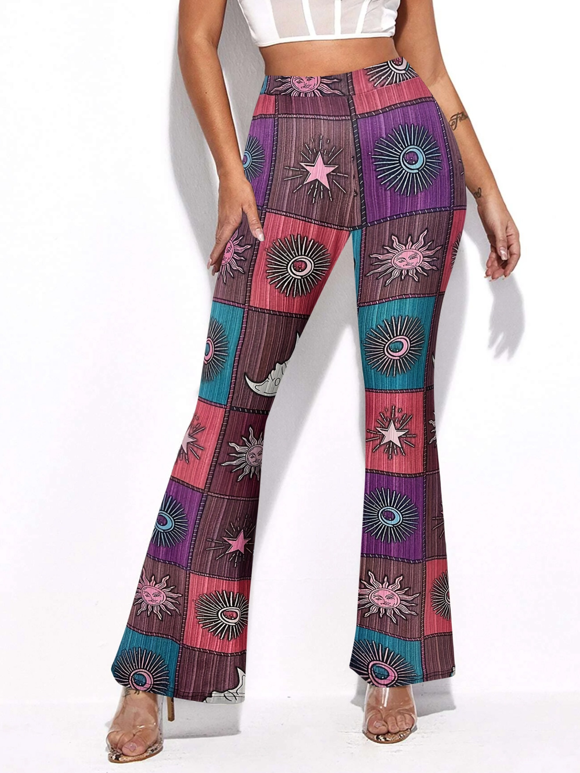 Graphic Print Flare Leg Pants, Y2k Forbidden Pants For Spring & Summer,  Women's Clothing - Temu Finland