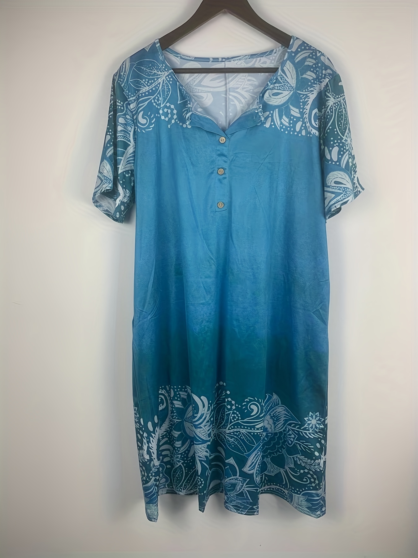 Damenkleid in großen Größen, Plus Size Blumenmuster Knopfleiste Kurzarm V-Ausschnitt Henley-Kleid mit Taschen
