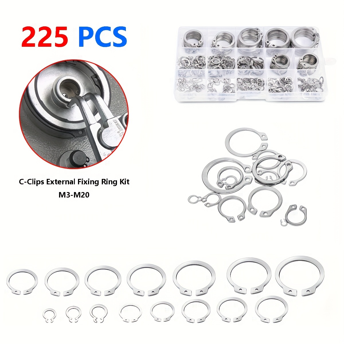 

225pcs C-clips External Fixing Ring Kit 15sizes 304 Stainless Steel Coil Shaft Assortment Kit M3-m20 Pack Set