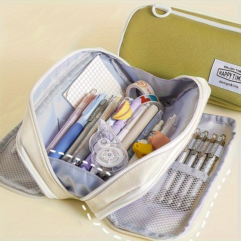 Grande trousse à crayons grande capacité sac à crayons grande pochette de  rangement 3 compartiments organiseur de bureau étui à stylo marqueur sac de  papeterie simple porte-crayon (blanc à carreaux) 