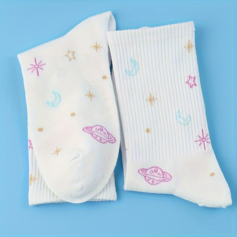 1 2 3 Pairs Planet Print Comfy & Mid Tube Socks