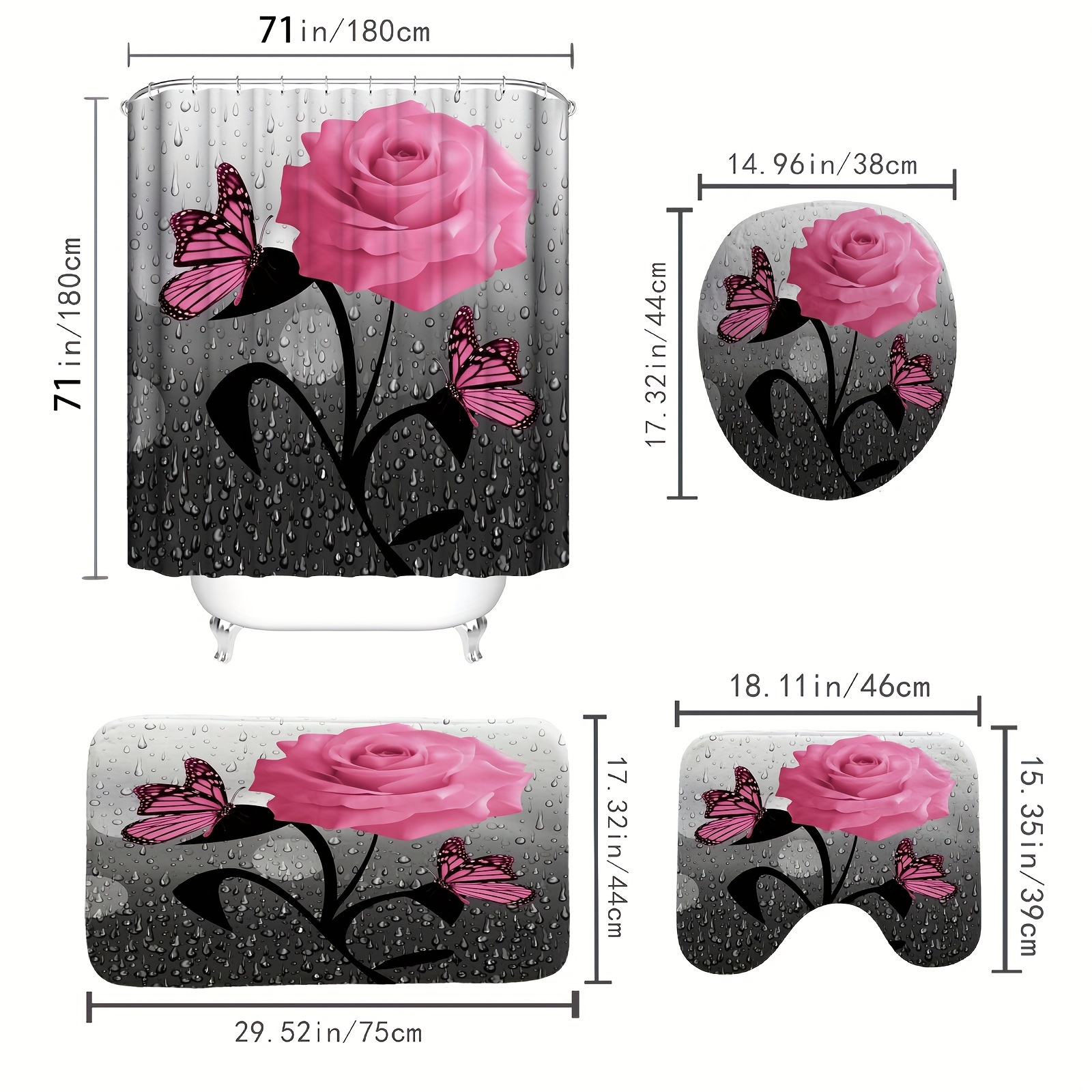 Romantic Pink Rose Butterfly Shower Curtain Set