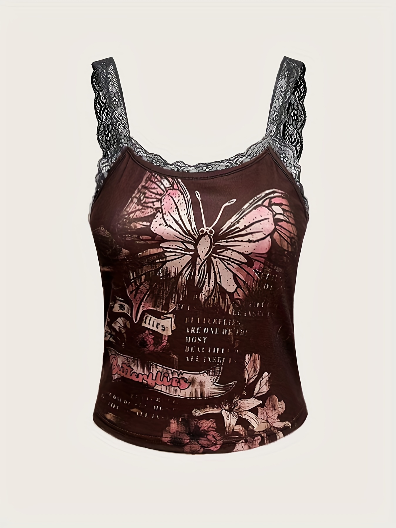 Butterfly Print Lace Strap Cami Top Y2k Crew Neck Sleeveless - Temu Canada