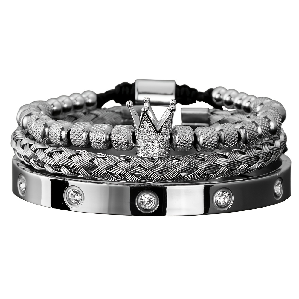 Men's Micro Pave CZ Round Beads Crown Bangle Bracelet
