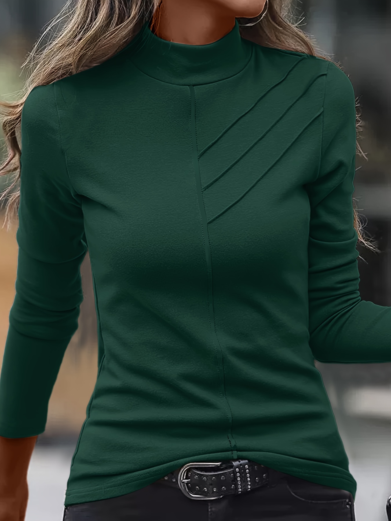 Solid Mock Neck T-Shirt, Casual Long Sleeve Top For Spring & Fall, Women's  Clothing