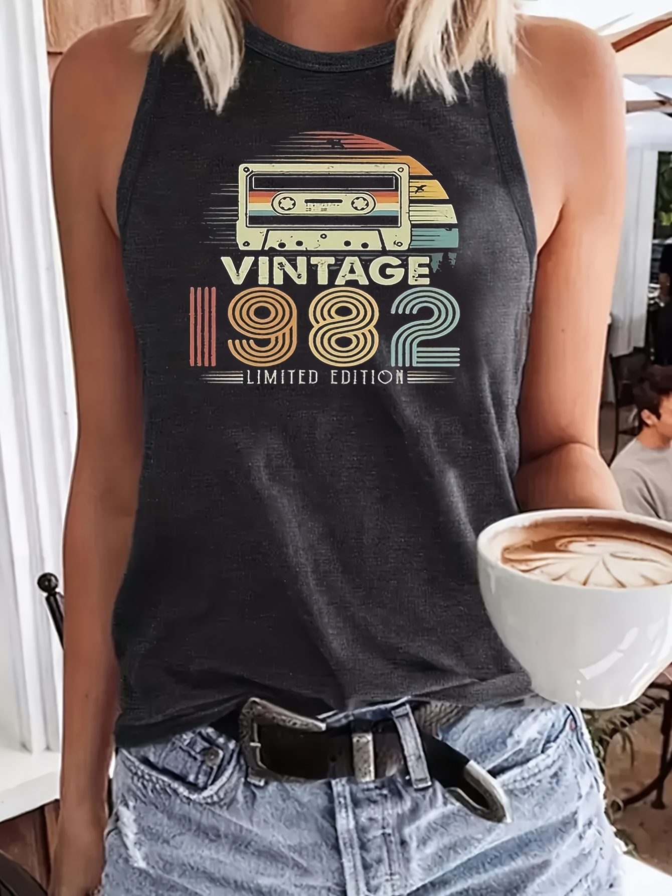 1980 Vintage Print Tank Top, Summer Sleeveless Casual Top, Women's Clothing