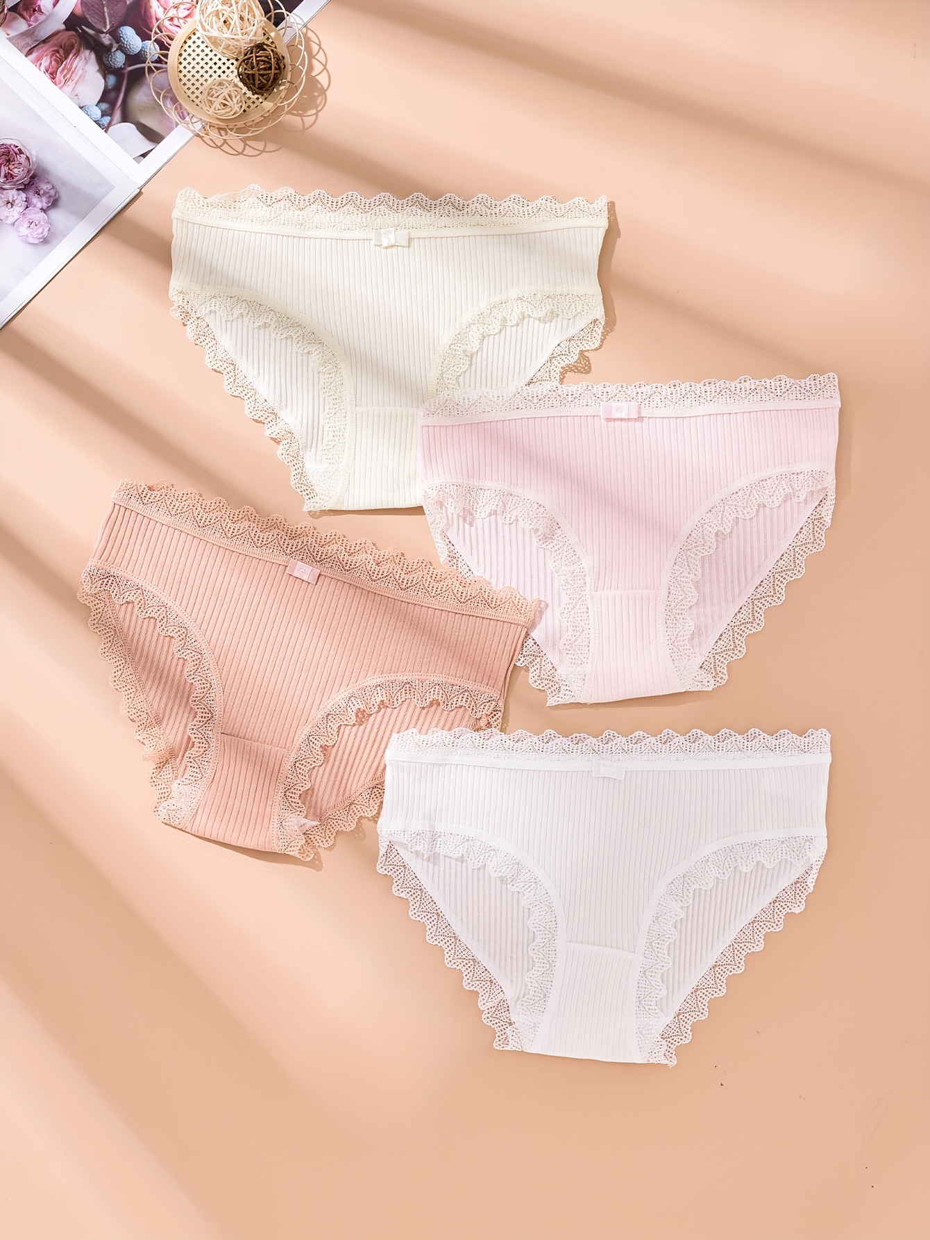3pcs Floral Lace Briefs, Comfy & Sexy Wave Trim Low Waisted Cheeky Panties,  Women's Lingerie & Underwear
