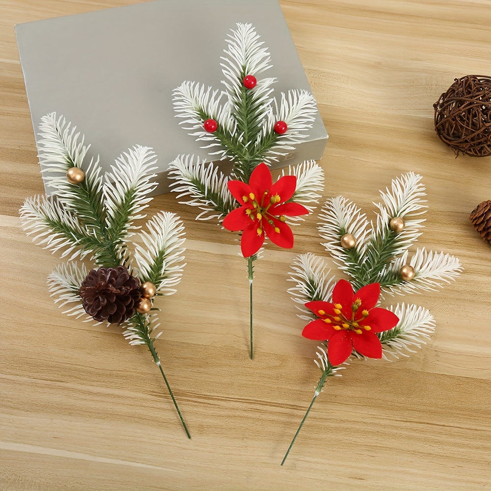 12PCS Artificial Pine Flower Picks,Red Berry Stems with Snow Flocked Holly  Pine Cone Ball,Artificial Plants Small Pine Picks for Christmas Tree