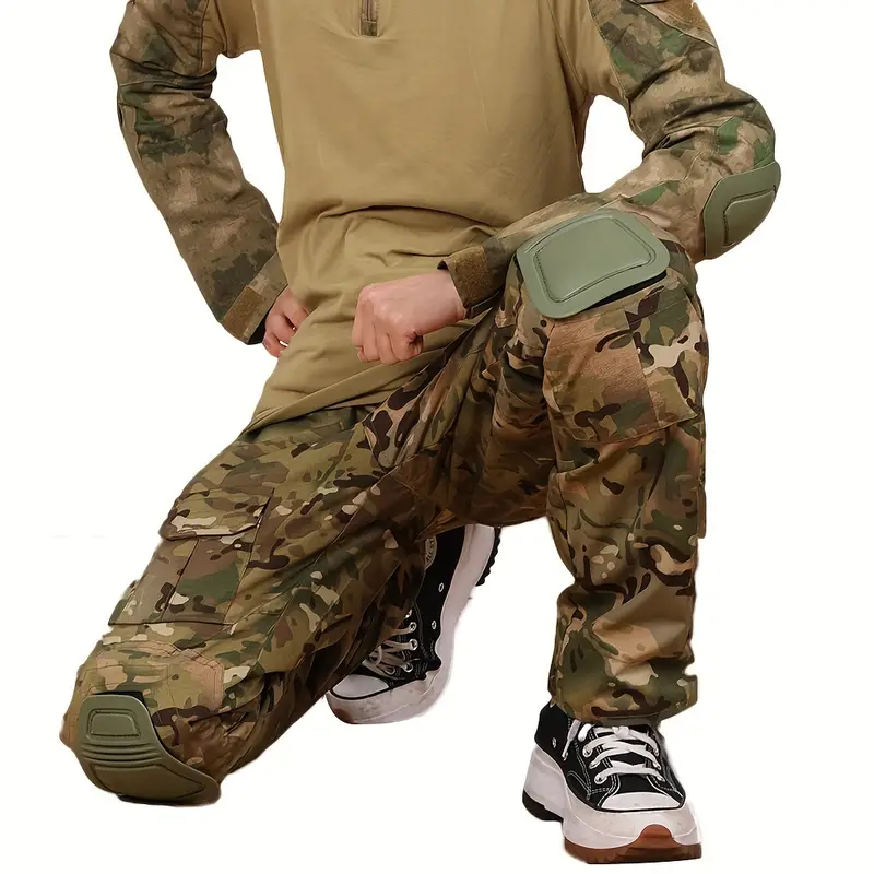  Conjunto de combate con rodilleras, traje de uniforme militar  de camuflaje, Traje de camuflaje negro : Deportes y Actividades al Aire  Libre