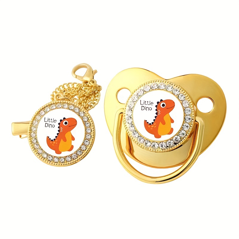 Dinosaur Bling Golden Baby Pacifier with Chain Clip