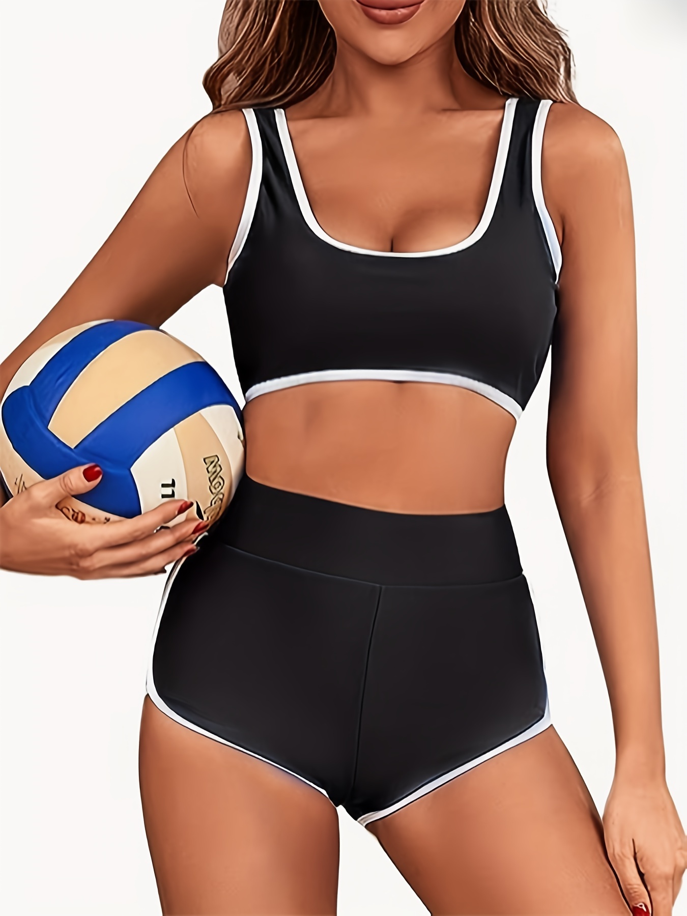 Plus Size Sporty Bikini Set, Women's Plus Contrast Trim Scoop Neck Tank Bra  & High Waisted Shorts Swimsuit Two Piece Set