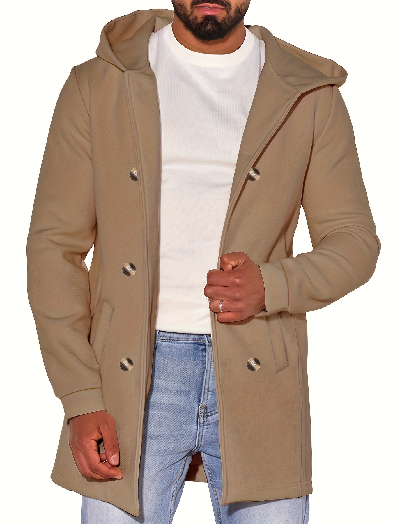 Men's Solid Button Hooded Jacket Thick Thermal Comfy Jacket