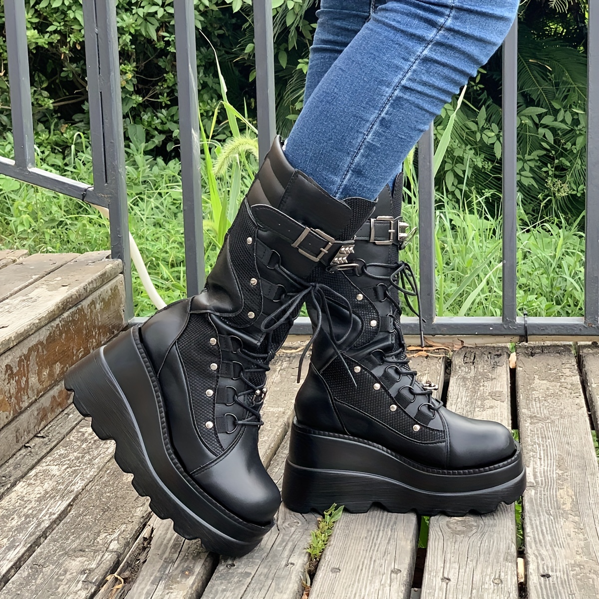 Womens Gothic Platform Wedge Heel Motorcycle Combat Boots Faux