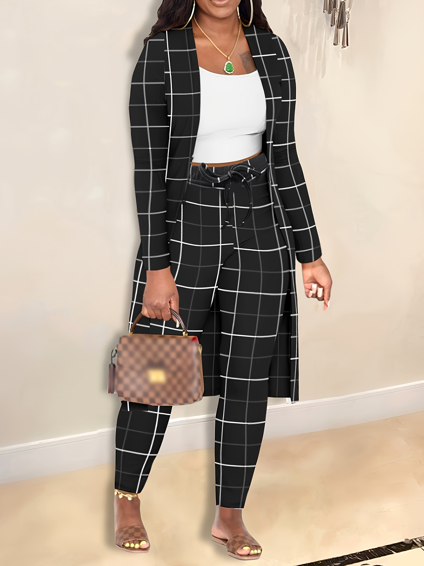 Plaid Print Elegant Two piece Set Open Front Long Sleeve - Temu