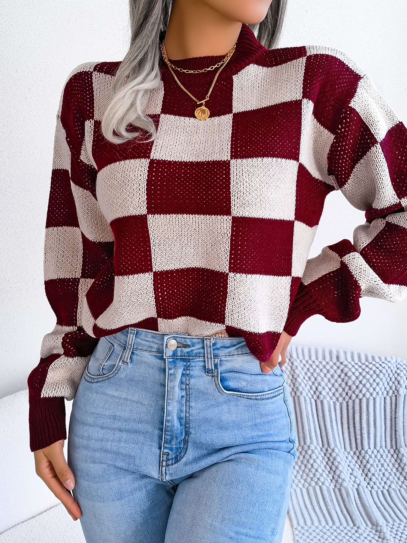 Plaid Pattern Crew Neck Pullover Sweater Casual Long Sleeve - Temu