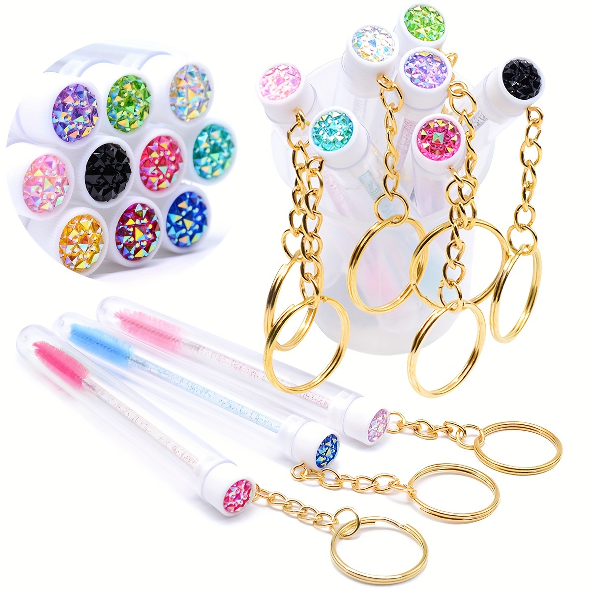 

2pcs Sparkling Eyelash Brushes In Dust-proof Container Tube With Keychain Rhinestone Glitter Eye Lash Mascara Wands Crystal Eyebrow Spoolies Combs Micro Makeup Tools