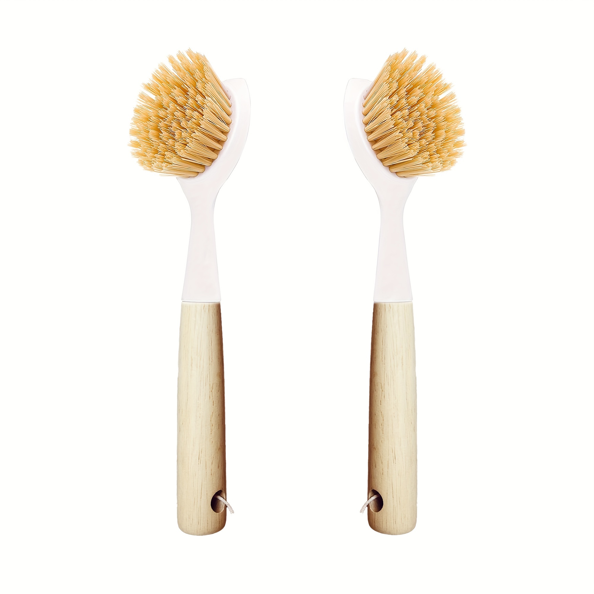 2 Pack Kitchen Dish Brush Bamboo Handle Dish Scrubber Built-in Scraper,  Scrub Brush for Pans, Pots, Kitchen Sink Cleaning, Dishwashing and Cleaning