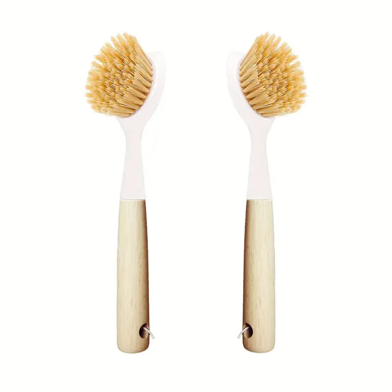 2 Pack Kitchen Dish Brush Bamboo Handle Dish Scrubber Built-in