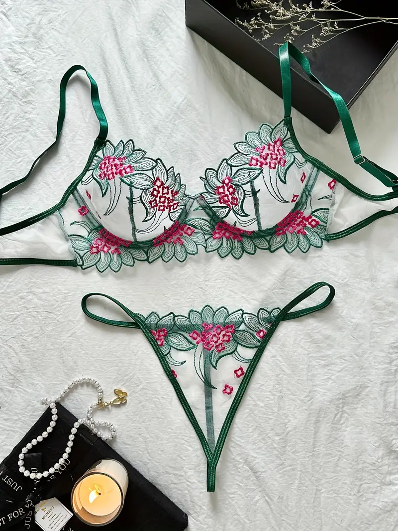 floral lace lingerie set sheer unlined bra mesh thong womens sexy lingerie underwear details 11
