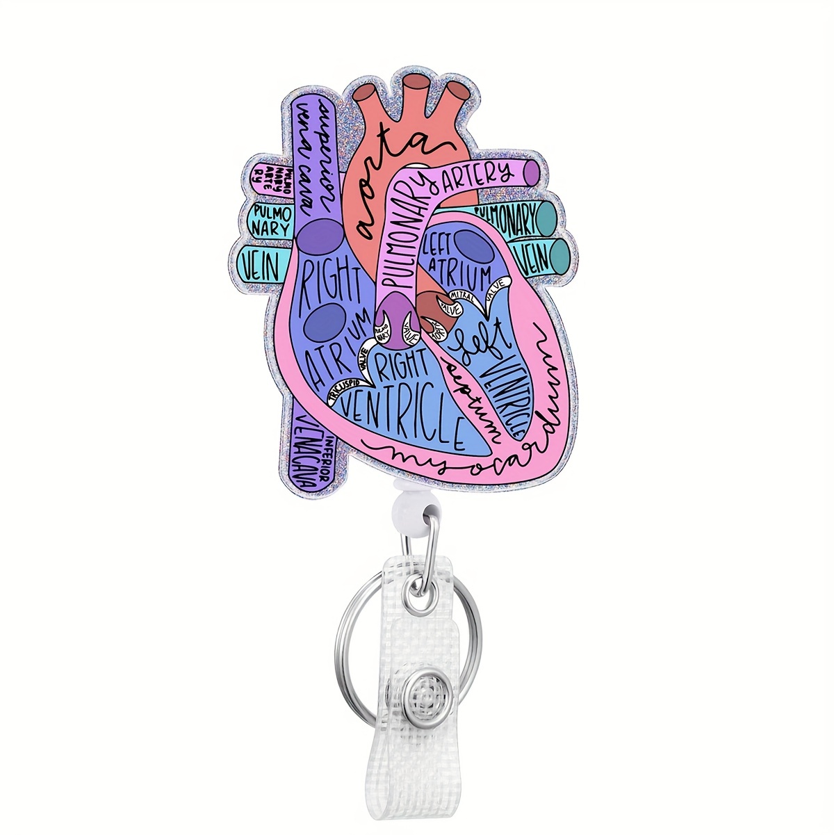 Cat,pc Heart Badge Reel with Clip Cute Acrylic Badge Clip, Funny Anatomy Anatomical Cardiac ID Card Badge Holder, Retractable for Nurses Office