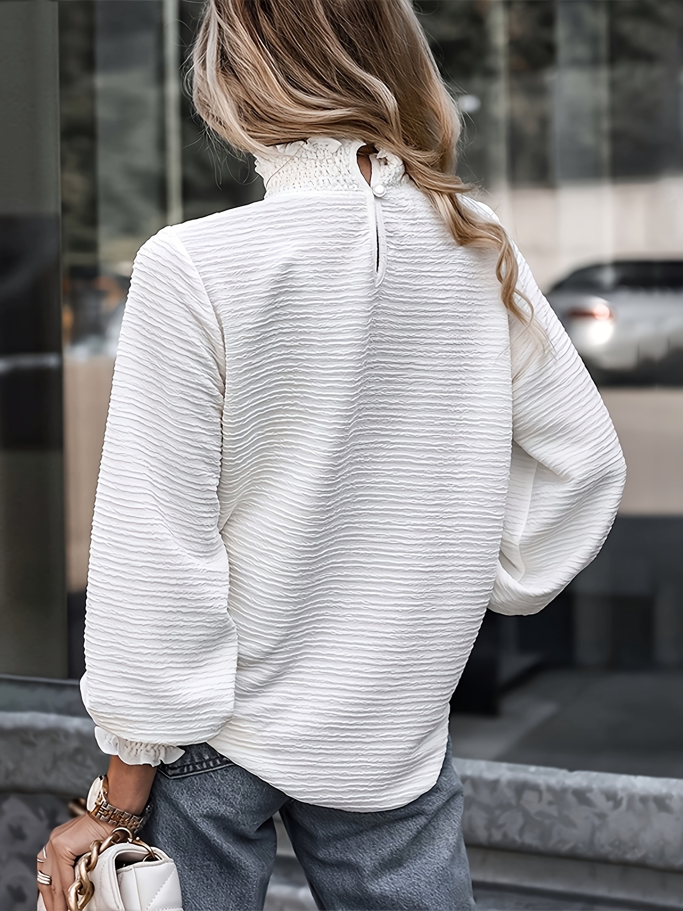 High Neck Solid Textured Blouse, Elegant Long Sleeve Comfy Blouse, Women's  Clothing