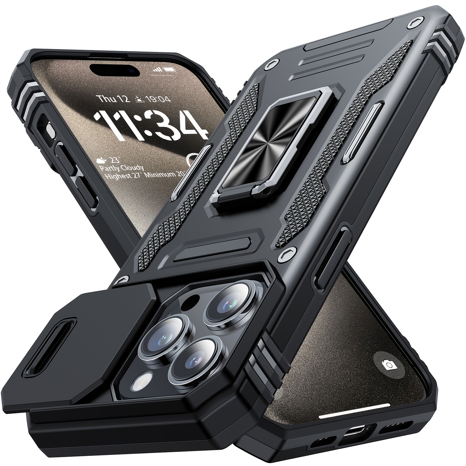 

Pour IPhone 15 14 13 Pro Max 12 11 X XR XS MAX Coque Avec Protecteur D'écran Militaire Grade Antichoc Caméra Slide Cover Avec Anneau De Doigt Coque De Protection