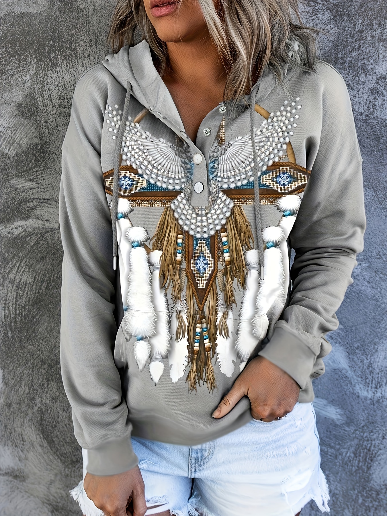 Womens Aztec Hoodie Western Ethnic Style Geometric Printed Sweatshirt  Drawstring Cowgirl Pullover with Pockets